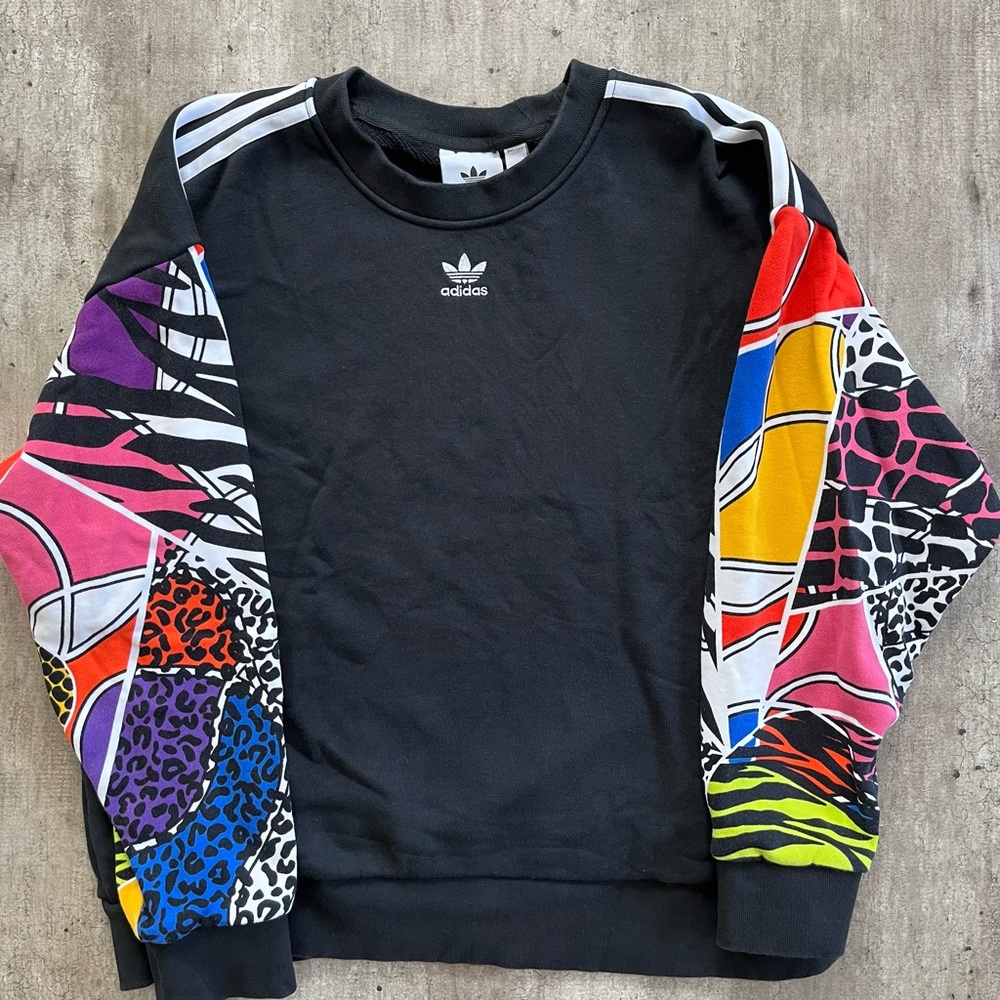 adidas Black Crew Neck Sweater with Colorful Patterned Sleeves